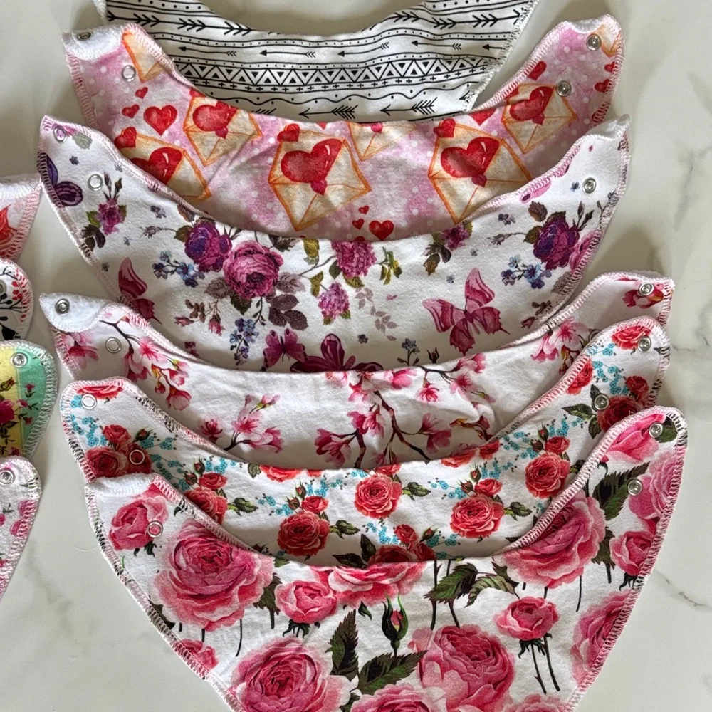 Floral Cotton Bandana Bibs Set - Pink, White, Green